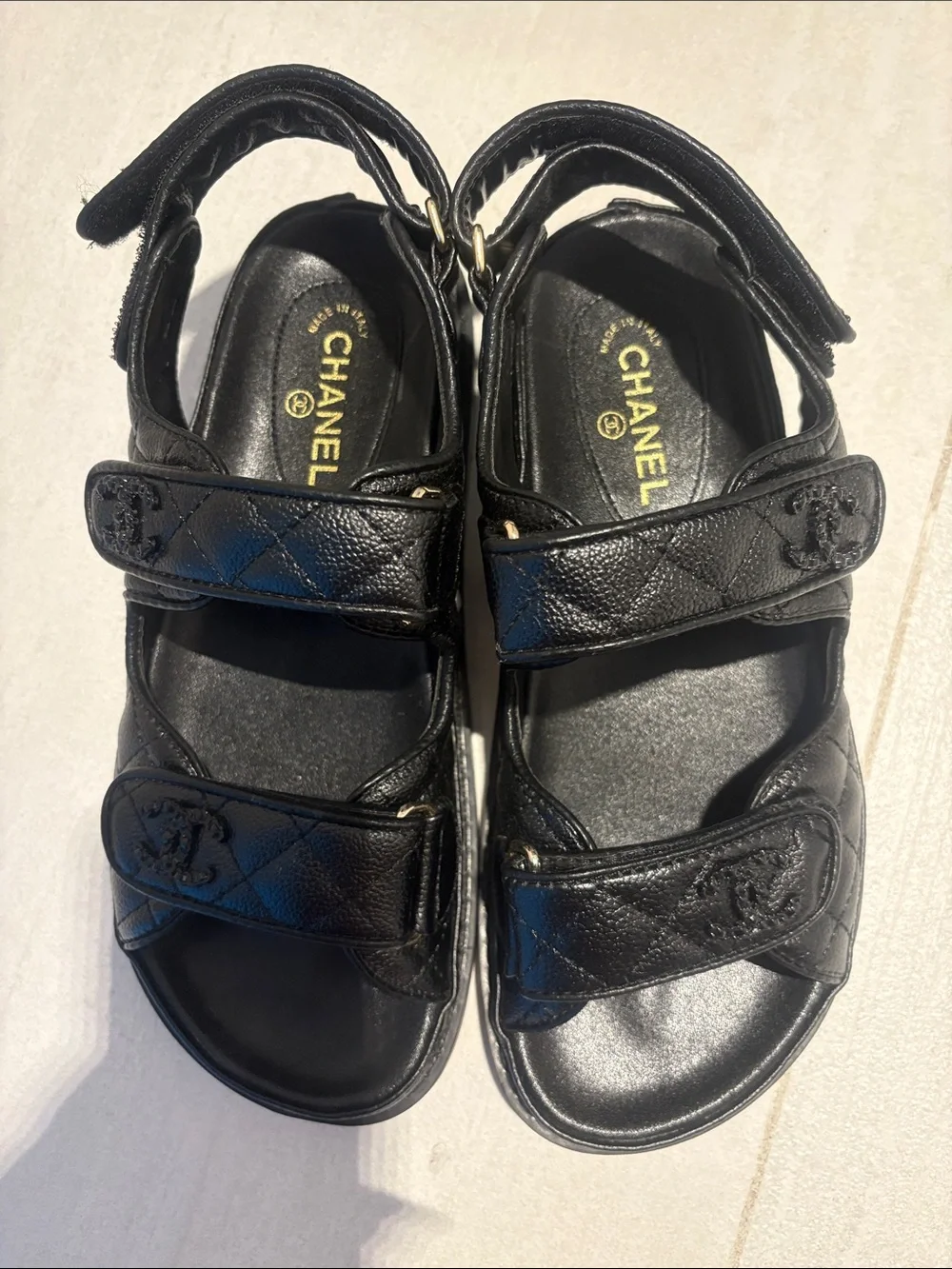 Black Quilted Leather Kids Velcro Strap Sandals